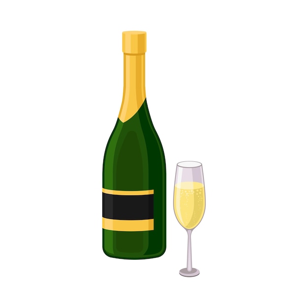 Vector champagnenflesje met een vol wijnglas naast het vectorillustratie