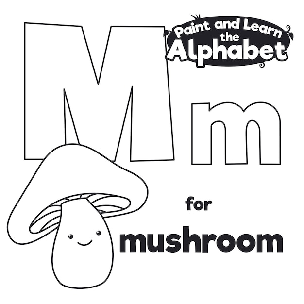 Champignon mushroom with big cap for didactic lesson of letter M and also ready to be colored