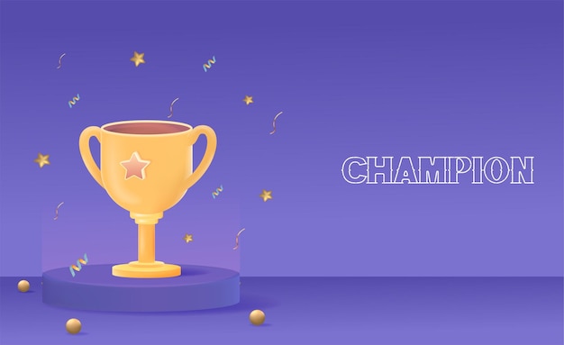 Champion concept design con trofeo d'oro e coriandoli su un'illustrazione vettoriale minima del podio 3d