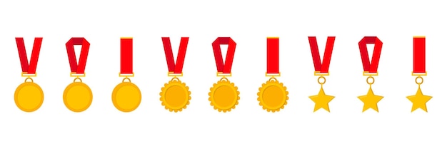 Medaglie d'oro campione set simbolo del campione vincitore e vettore di successo in design piatto