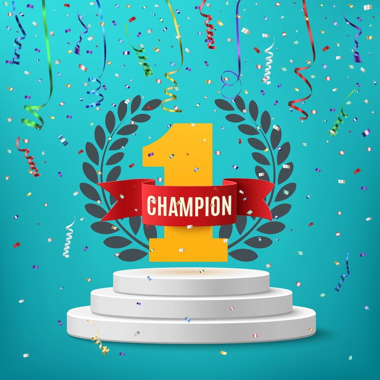 वेक्टर champion, winner, number one with red ribbon, laurel wreath and confetti on round pedestal isolated