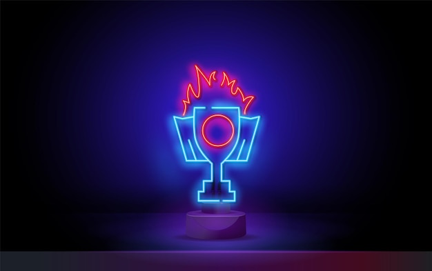 Champions neon sign winner burning cup on dark wall background vector illustration in neon style for...