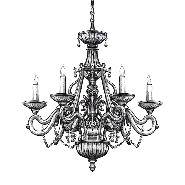 Vector chandelier ink sketch drawing black and white engraving style vector illustration