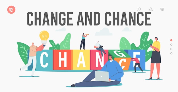 change and chance landing page template. tiny business characters have creative idea or vision for project. people with huge light bulb, woman look in spyglass. cartoon vector illustration
