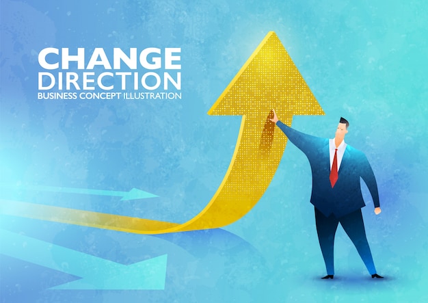 Change of a direction concept illustration with a businessman changing an arrow sign's direction upward.