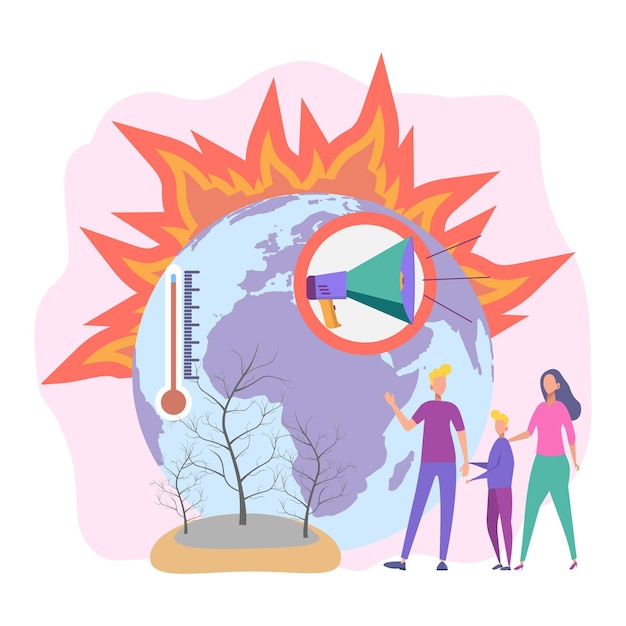 Vettore cambiamento del clima fuoco di terra bruciata nell'inquinamento forestale del pianeta emissioni di gas serra per il riscaldamento globale illustrazione vettoriale colorata