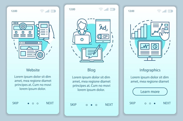 Channels for SEO turquoise onboarding mobile app page screen vector template. Marketing. Website, blog walkthrough website steps with linear illustrations. UX, UI, GUI smartphone interface concept