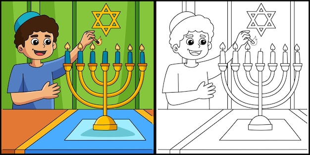 Chanoeka boy verlichting menorah illustratie