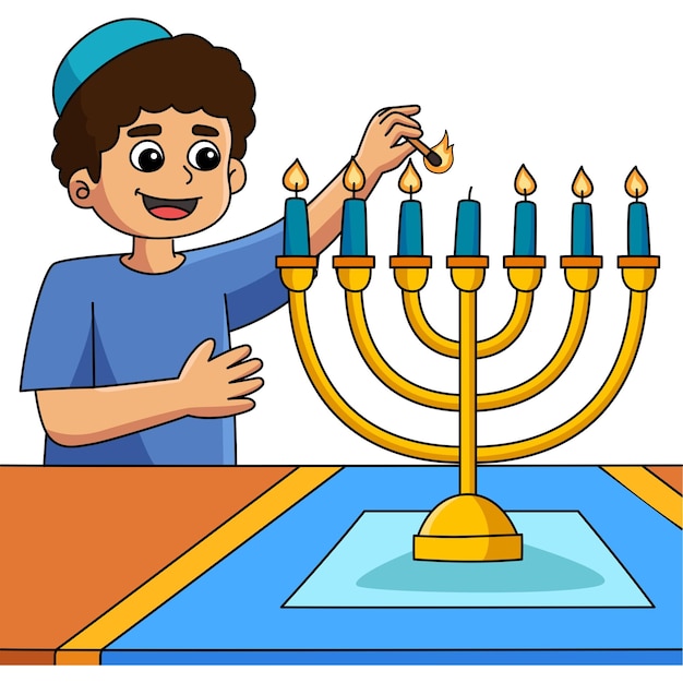 Chanoeka jongen verlichting menorah cartoon clipart