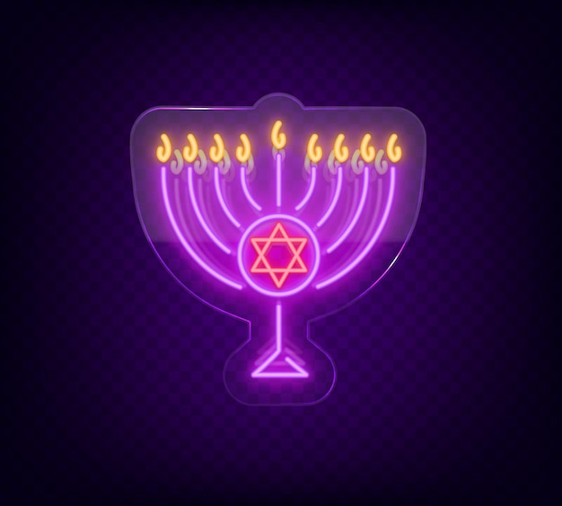 Chanoeka vector design Gelukkige Chanoeka Neon teken heldere lichtgevende banner voor wenskaarten Joodse vakantie Neon teken op transparant glas Chanoeka Menoru