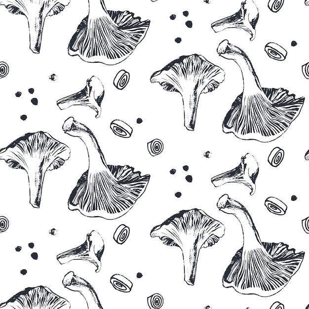 Vector chanterelle mushrooms with onions and peppercorns pattern