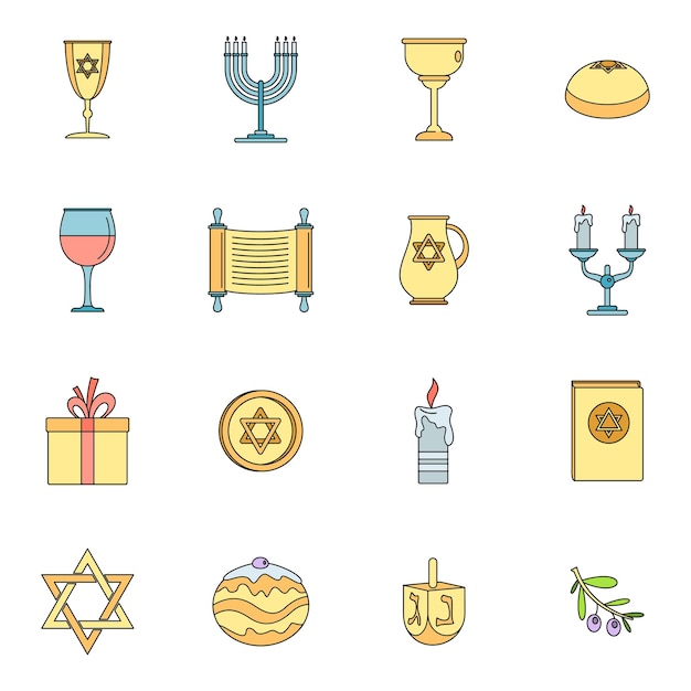 Chanukah jewish holiday icons set outline illustration of 16 chanukah jewish holiday vector icons thin line color flat on white