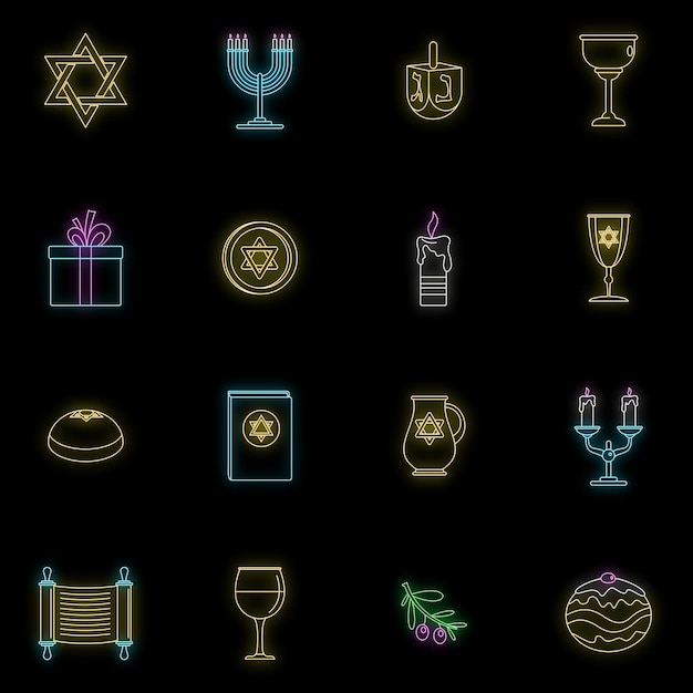Vector chanukah joodse feestdagen pictogrammen set schets illustratie van 16 chanukah joodse feestdagen vector pictogrammen neon kleur op zwart