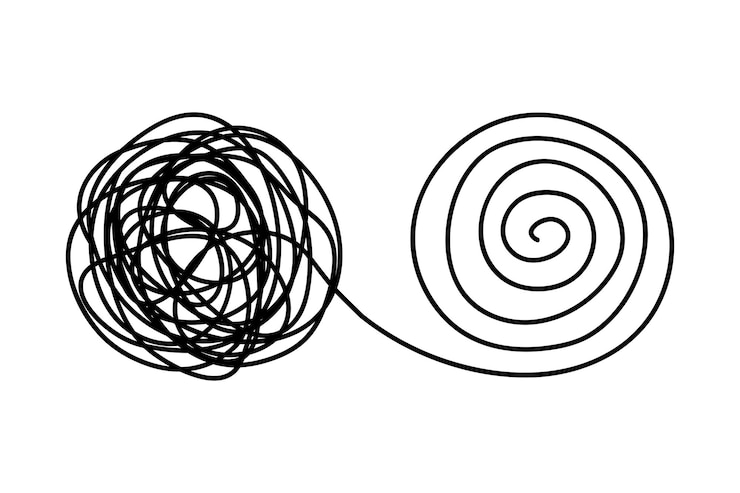 Vector chaos en orde bedrijfsconcept platte stijl ontwerp vector illustratie geïsoleerd op witte achtergrond verwikkelde wanorde verandert in spiraalvormige volgorde lijn vinden