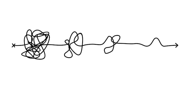 Vector 혼돈 단순화 문제 해결 및 비즈니스 솔루션 검색 도전 개념 세트 처음부터 끝까지 복잡하고 쉬운 간단한 방법 손으로 그린 낙서 낙서 혼돈 경로 라인 벡터 일러스트 레이 션