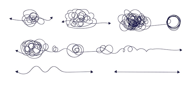 Risoluzione del caos. le linee aggrovigliate si trasformano in linee rette come concetto di risoluzione del caos. insieme di vettore