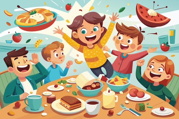 A chaotic yet comical scene of a family breakfast food flying and laughter filling the air