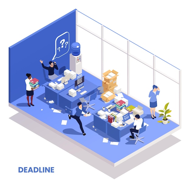 Vector chaotic messy office work isometric composition with disorganized people missing deadline vector illustration