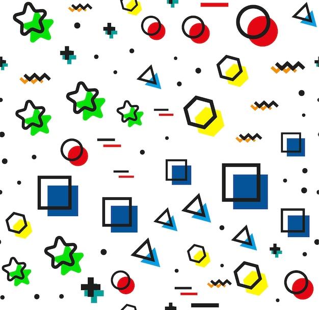 Chaotic Zigzag, wave, circle, plus, cross of swatches memphis seamles pattern. EPS