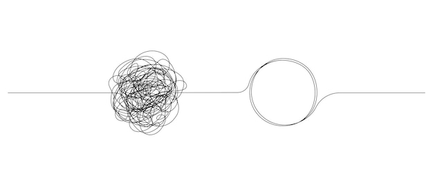 混沌とした絡み合った線と円の形の解かれた結び目問題解決の概念は簡単です
