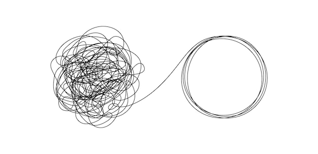 Chaotically tangled line and untied knot in form of circle. Psychotherapy concept of solving problems is easy. Unravels chaos and mess difficult situation. Doodle vector illustration.