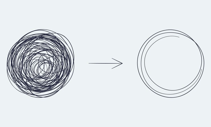 Vector chaotically tangled line and untied knot in form of circle psychotherapy concept of solving problems is easy unravels chaos and mess difficult situation vector illustration