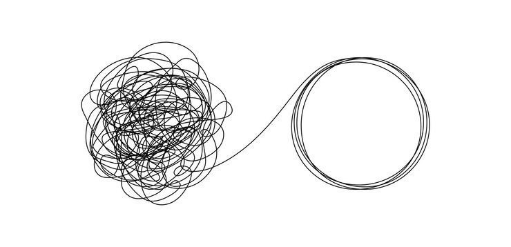 Chaotisch verwarde lijn en ongebonden knoop in de vorm van een cirkel. Het psychotherapieconcept van het oplossen van problemen is eenvoudig. Ontrafelt chaos en puinhoop moeilijke situatie. Doodle vectorillustratie.