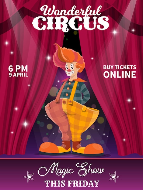 Chapiteau circus flyer with cartoon clown standing on stage with curtains and spotlight beams Big top circus clown performance magic show promo leaflet with clown in giant pants and shoes