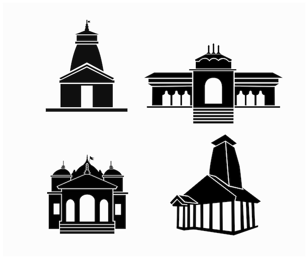 The Char Dham four abodes temples vector icon Kedarnath Gangotri Yamunoitri and badrinath tepmple in black vector