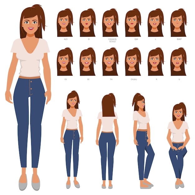 Vector character for animation mouth and face cute woman