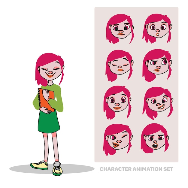 Character animation set schoolgirl with notebook in hands full length creation of people with emotions facial animation doodle