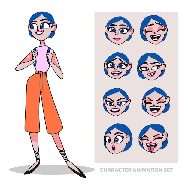 캐릭터 애니메이션은 감정 얼굴 애니메이션 낙서를 가진 사람들을 만드는 배낭으로 젊은 여성의 전체 길이를 설정합니다.