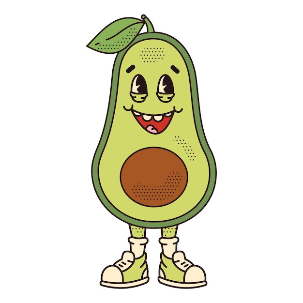 Carattere avocado vegetale illustrazione moderna con simpatico personaggio dei fumetti anni '70 vibrazioni retrò