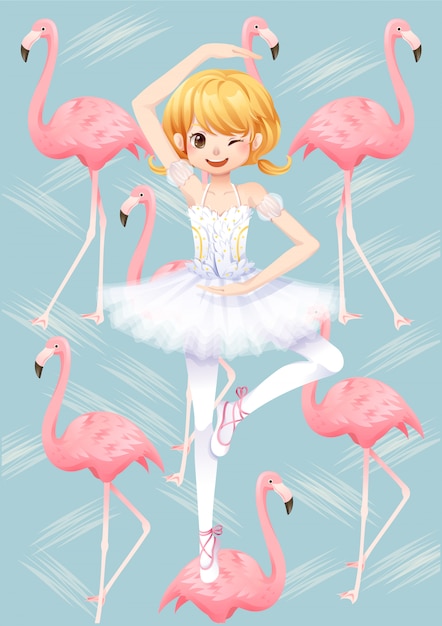 Character of ballet dancer girl and flamingo