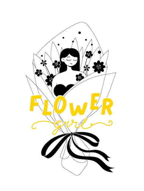 아름다운 부드러운 소녀의 캐릭터가 꽃의 큰 꽃다발에 앉아있다.