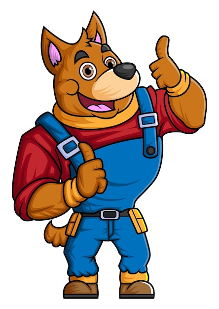 The character of a big dog wearing mechanic uniform costume posing giving thumbs up