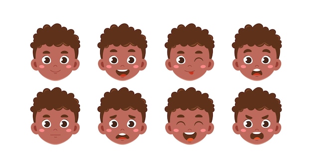 Character boy head set african american child with different moods pack for animations stickers for social networks and messengers cartoon flat vector collection isolated on white background