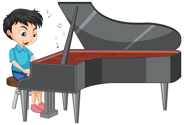 Character of a boy playing piano on white