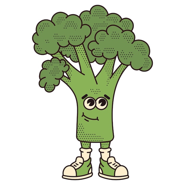 Personaggio broccolo vegetale illustrazione moderna con simpatico personaggio dei fumetti anni '70 vibrazioni retrò