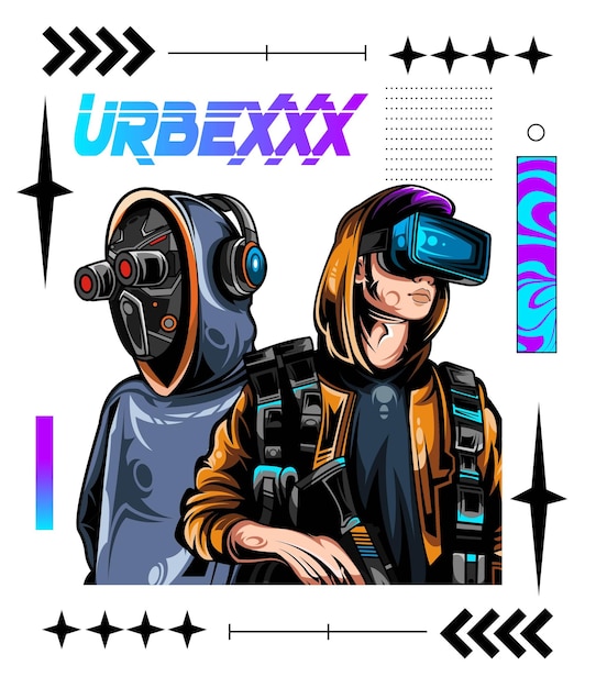 Vector character brutalism wearing hoodiemask and vr gear