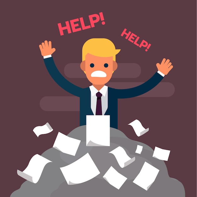 character of businessman or manager very busy with a lot of document file