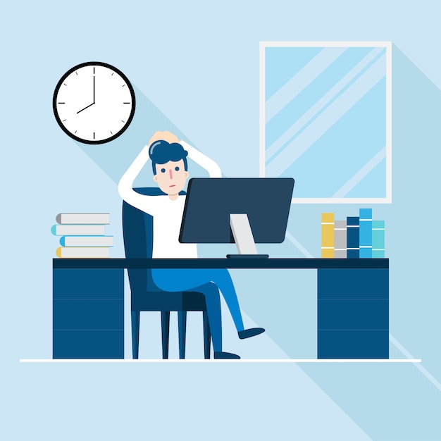 Vector character of businessman sitting and relaxing at his desk workplace.