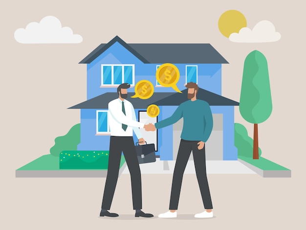 Vector character buying mortgage house and shaking hands with real estate agent, invest money in real estate property.