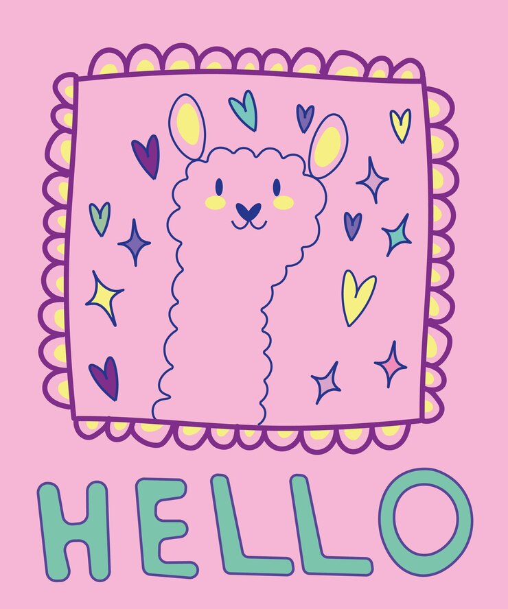 Vector character card cute llama with a smile text hello it can be used for sticker patch phone case poster tshirt mug and other design eps