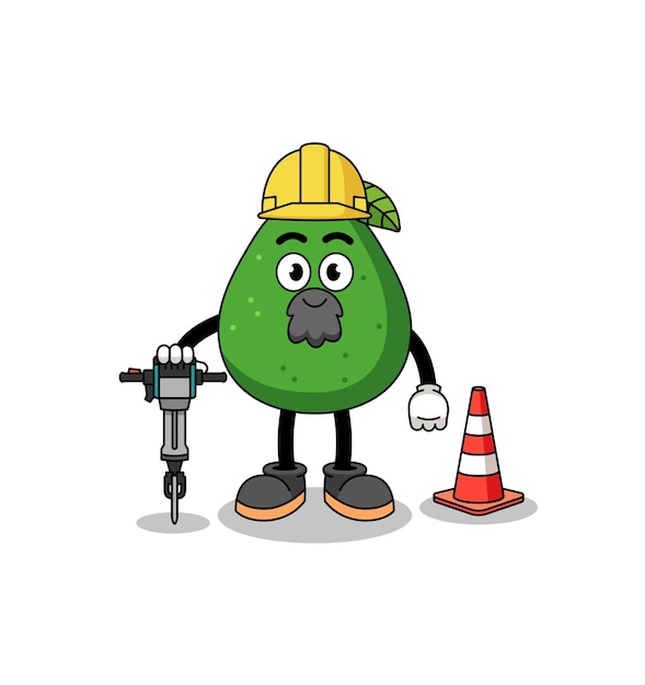 Character cartoon of avocado fruit working on road construction character design