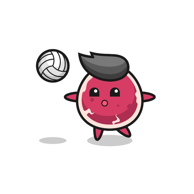 Персонаж мультфильма о говядине играет в волейбол милый дизайн стиля для элемента логотипа наклейки на футболке