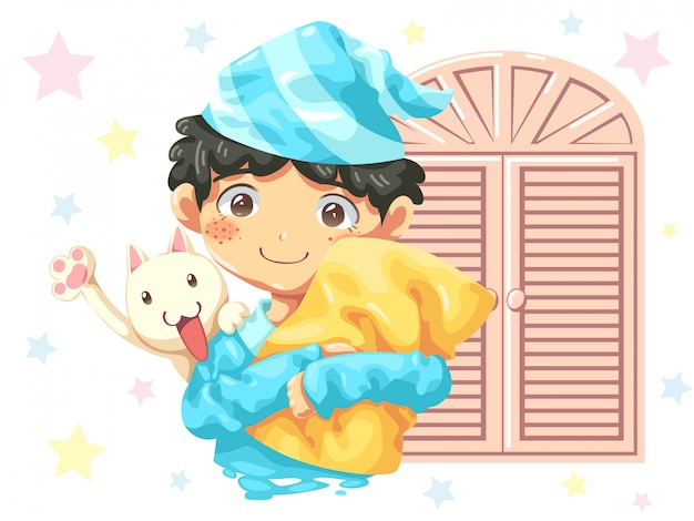 Character cartoon design of boy wearing pajamas and cat