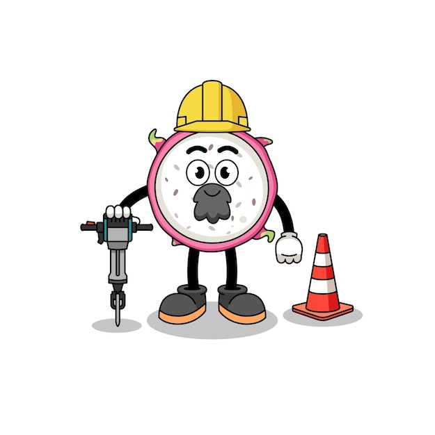 Character cartoon of dragon fruit working on road construction