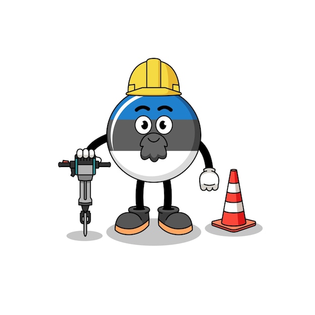 Character cartoon of estonia flag working on road construction