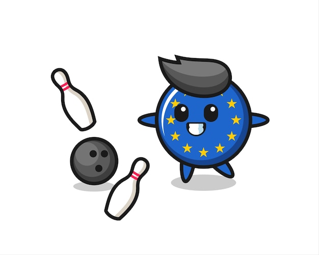 Vector character cartoon of europe flag badge is playing bowling